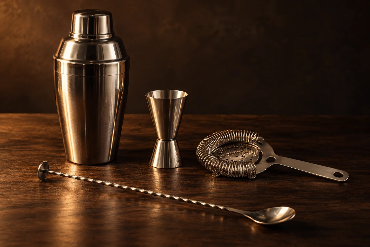 A shaker, jigger, Hawthorne strainer and bar spoon on a warmly lit wooden bar