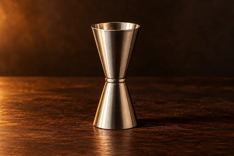 An unbranded double-ended stainless steel jigger