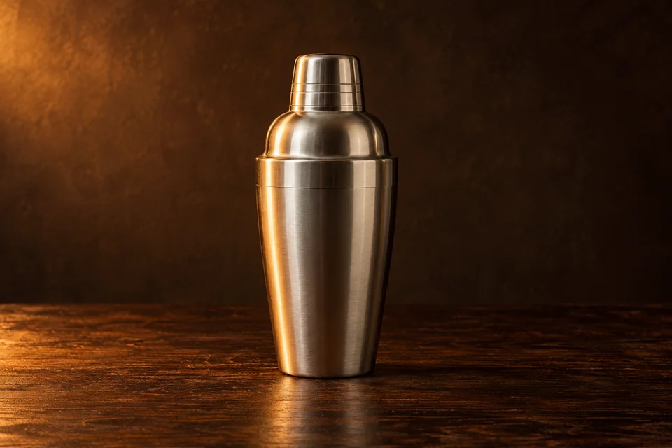 An unbranded stainless steel cobbler cocktail shaker