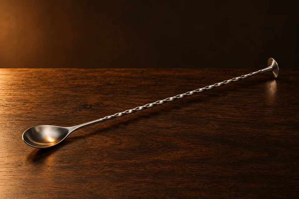 An unbranded stainless steel bar spoon with a twisted handle