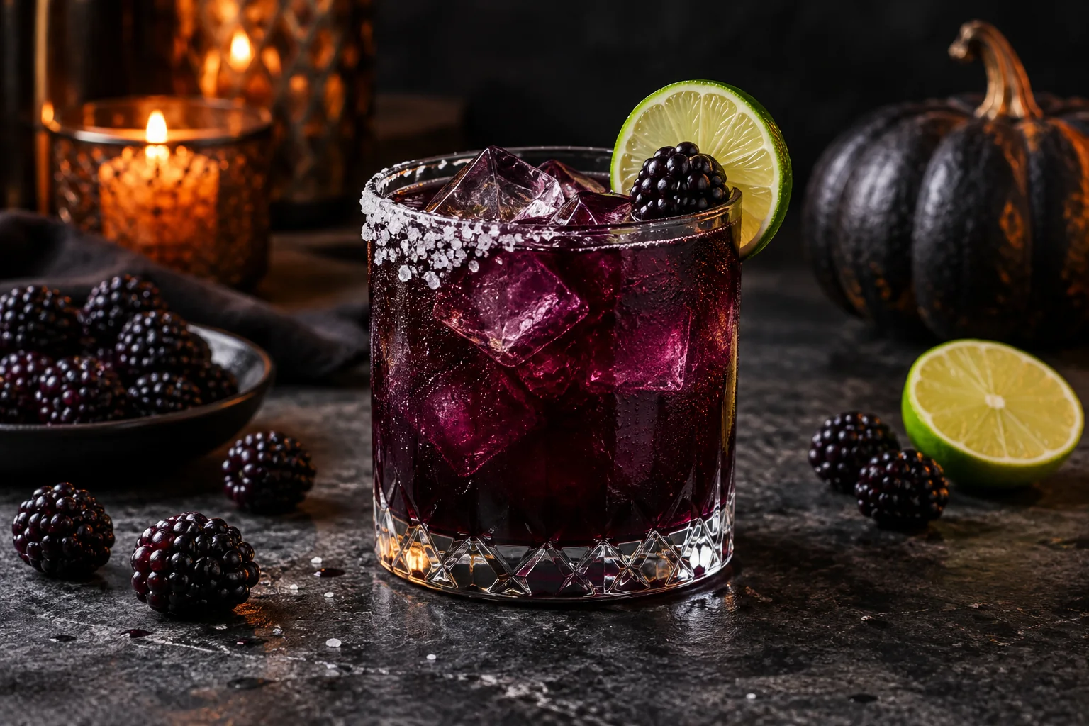 Make a deep-purple Black Magic Margarita with tequila, blackberries, and lime. Get the Halloween recipe, eight-serving batch, and alcohol-free variation.