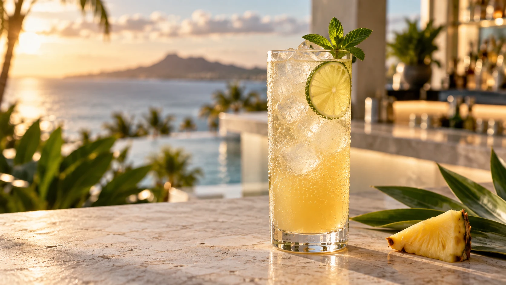 A tropical gin highball with pineapple, lime, soda, and Polynesian Kiss bitters, with balancing tips and a spirit-free version.